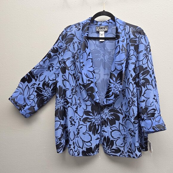 Alex Evenings Jacket Womens 3X Blue Black Floral Sheer Open Front Plus Size - Picture 1 of 10
